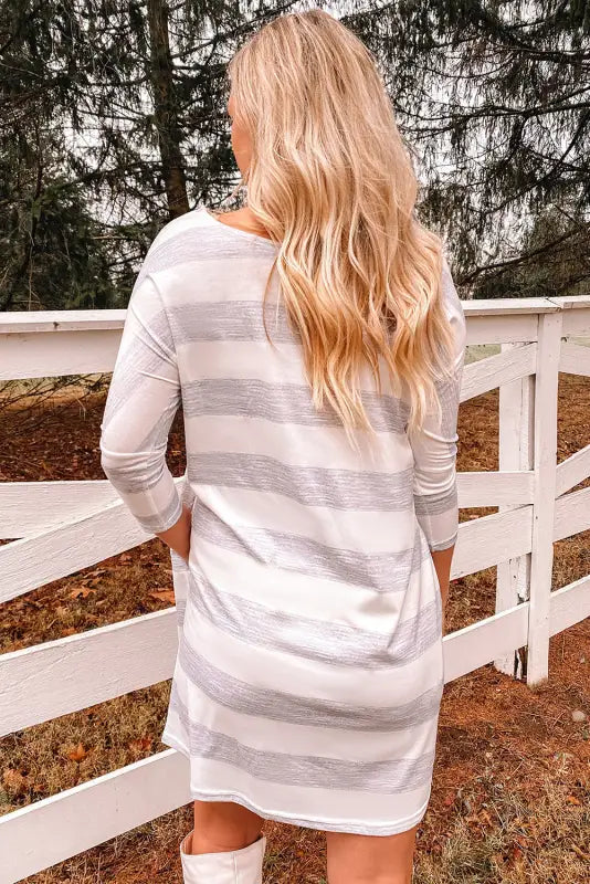 Stripe loose fit pocketed long sleeve mini dress - dresses