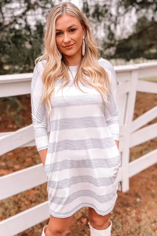 Stripe loose fit pocketed long sleeve mini dress - dresses