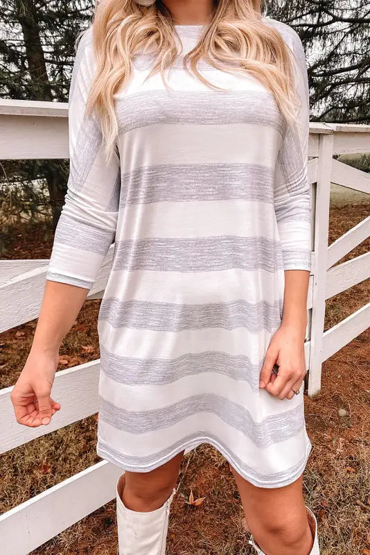 Stripe loose fit pocketed long sleeve mini dress - dresses