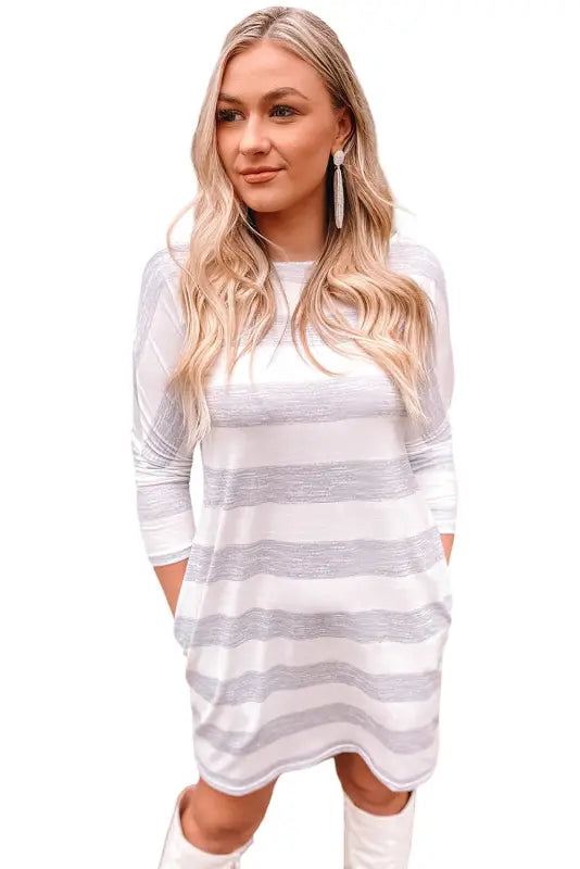 Stripe loose fit pocketed long sleeve mini dress - dresses