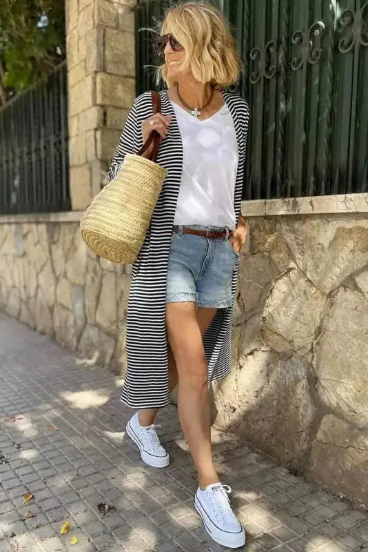 Stripe Open Front Long Cardigan - Fashionfitz