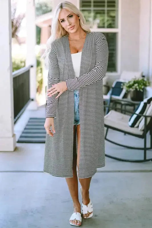 Back view of stripe open front long duster cardigan Fashionfitz UK