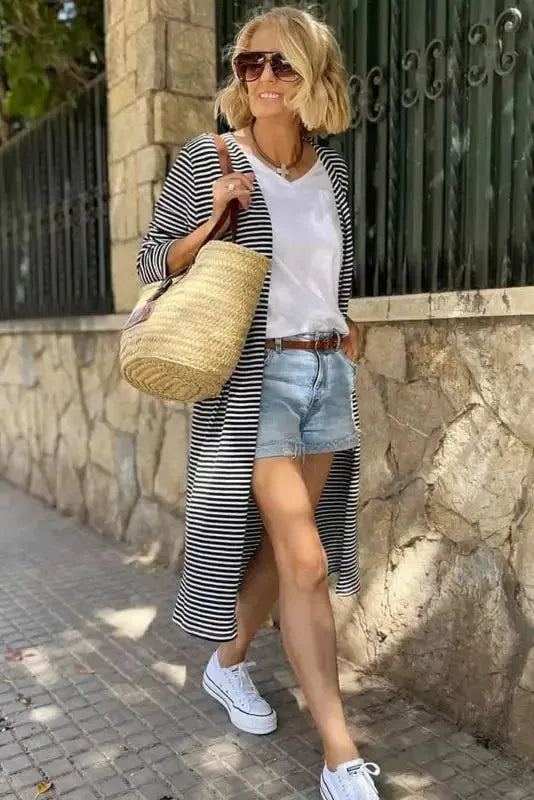 Stripe Open Front Long Cardigan - Fashionfitz