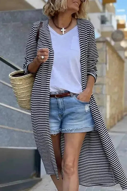 Stripe Open Front Long Cardigan - Fashionfitz
