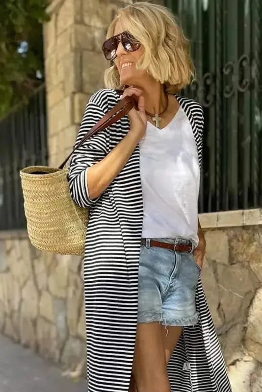 Stripe Open Front Long Cardigan - Fashionfitz