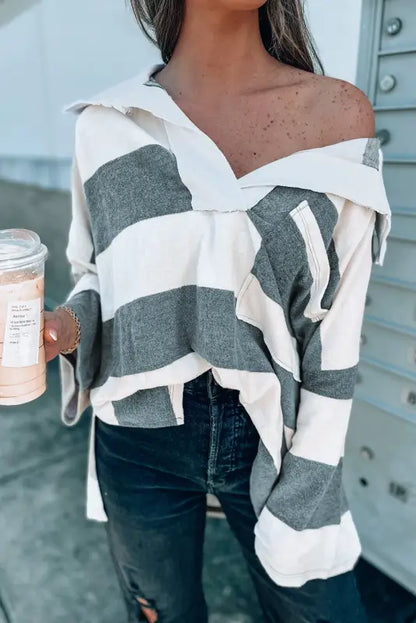 Long sleeve tops stripe oversized collared top