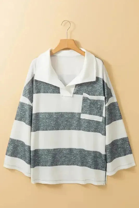 Stripe Oversized Collared Long Sleeve Top - Fashionfitz