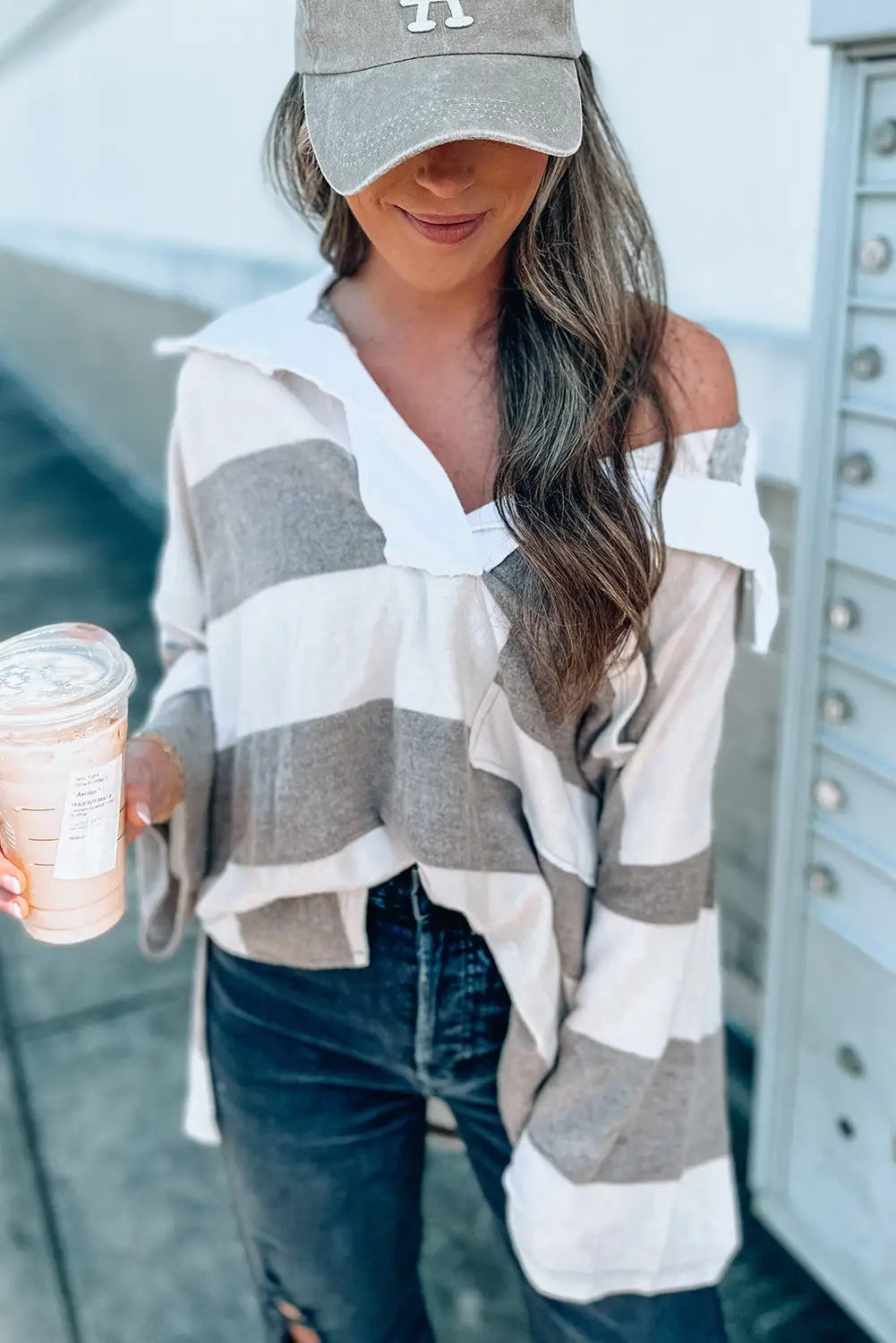 Stripe oversized collared long sleeve top - tops