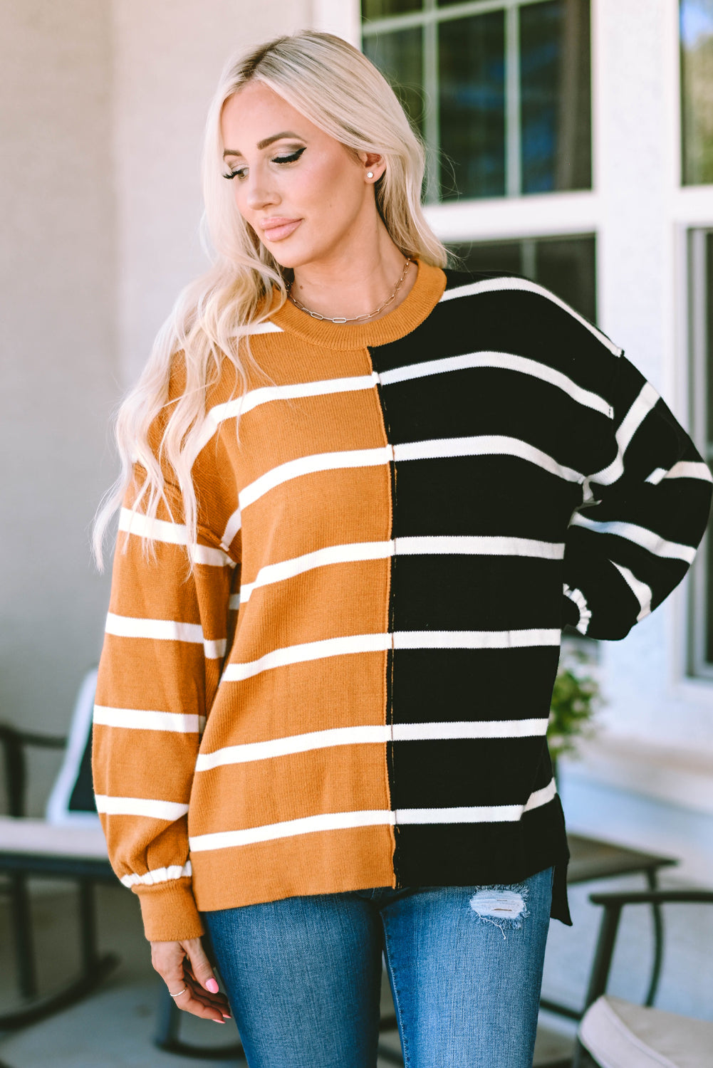 Stripe oversized contrast printed dropped shoulder top - s / 50% viscose + 28% polyester + 22% polyamide - long sleeve