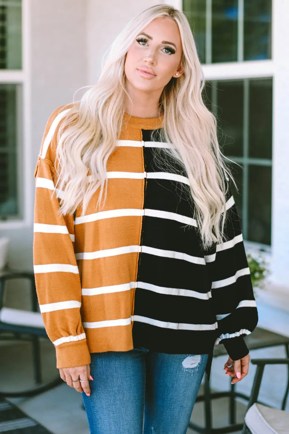 Stripe oversized contrast printed dropped shoulder top - long sleeve tops