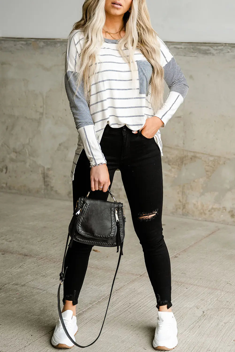Stripe patchwork high low side slits long sleeve top - tops
