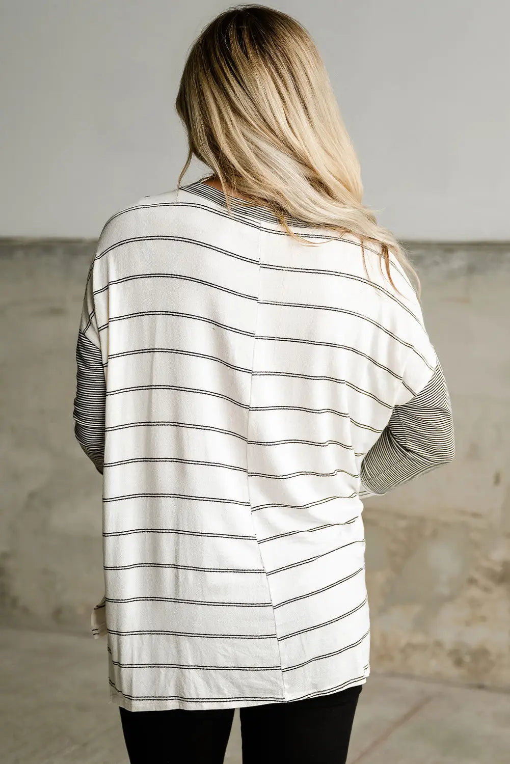 Stripe patchwork high low side slits long sleeve top - tops