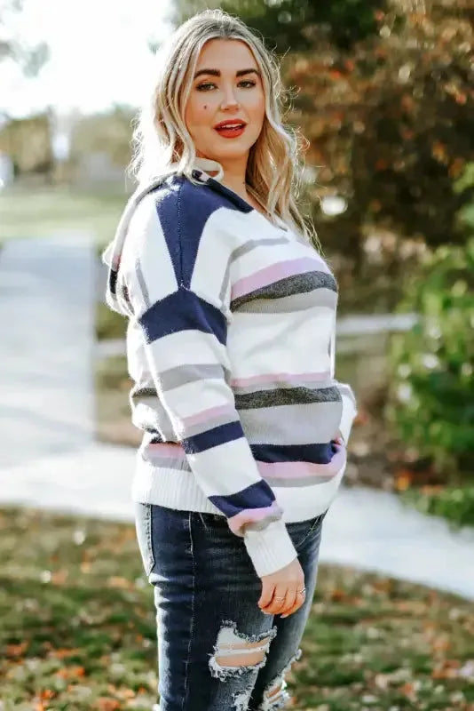 Stripe Plus Size Striped Hooded Knit Sweater - Fashionfitz