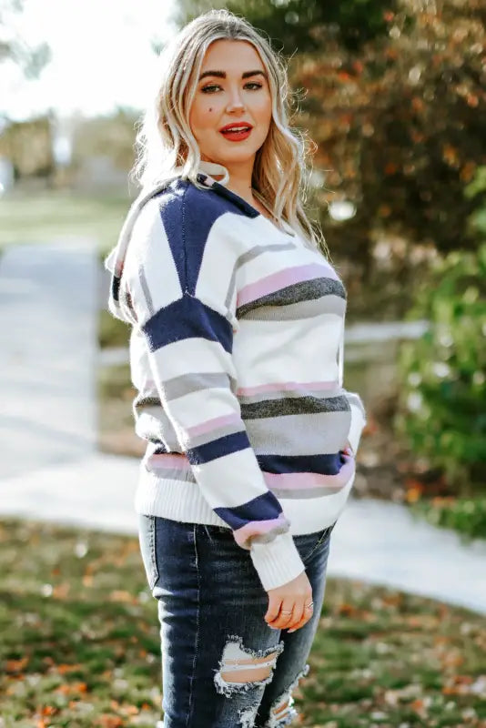 Stripe plus size striped hooded knit sweater