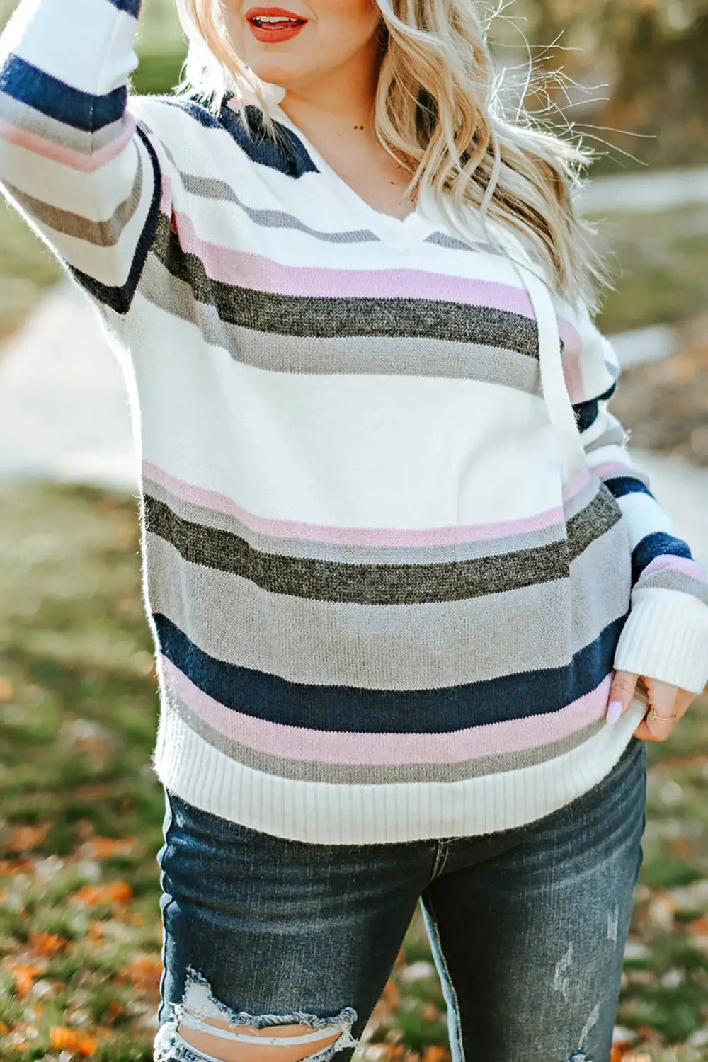 Stripe plus size striped hooded knit sweater - 1x / 65% acrylic + 35% polyester