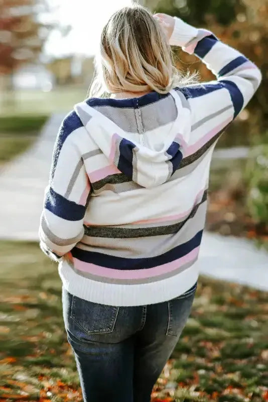 Stripe Plus Size Striped Hooded Knit Sweater - Fashionfitz