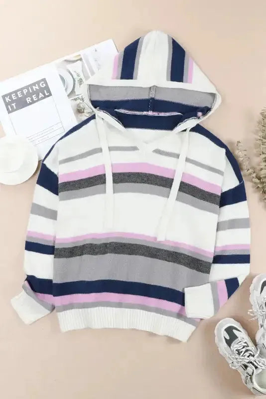 Stripe Plus Size Striped Hooded Knit Sweater - Fashionfitz