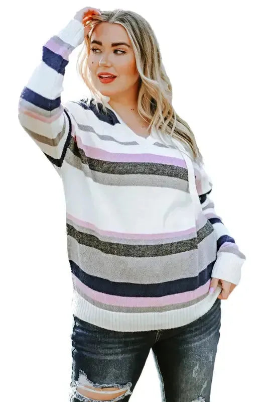 Stripe Plus Size Striped Hooded Knit Sweater - Fashionfitz