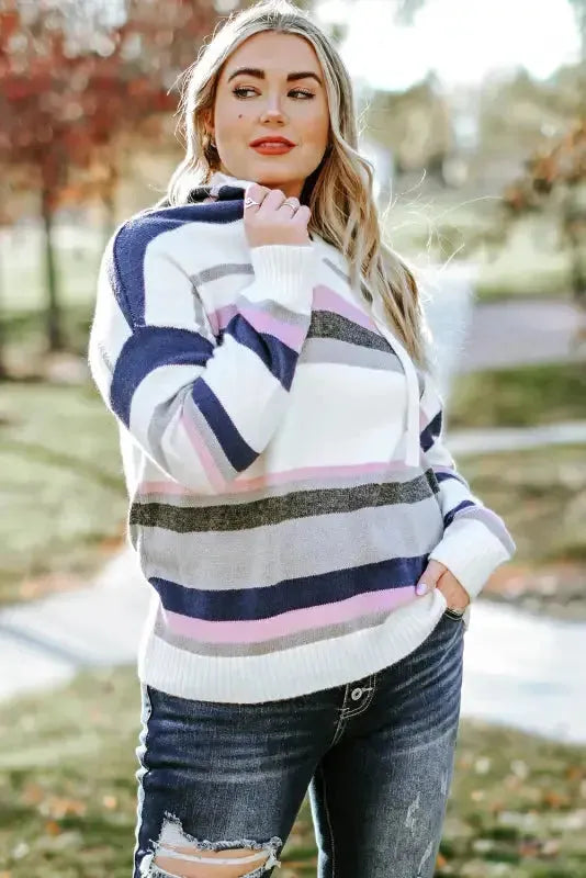 Stripe Plus Size Striped Hooded Knit Sweater - Fashionfitz