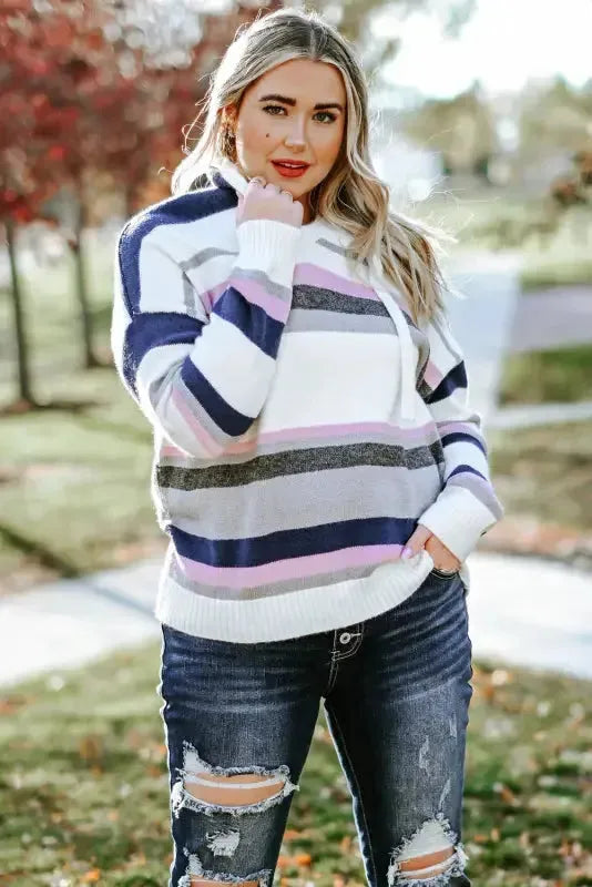Stripe Plus Size Striped Hooded Knit Sweater - Fashionfitz