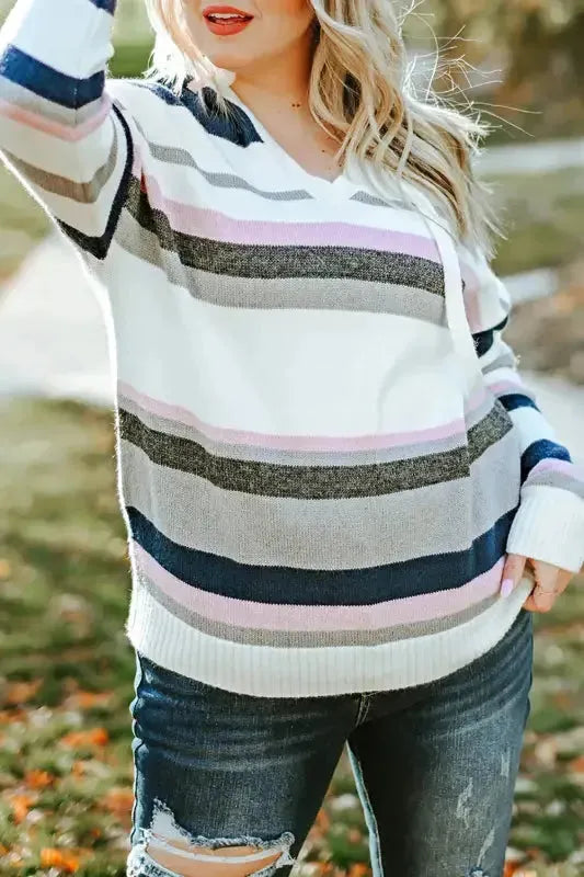 Stripe Plus Size Striped Hooded Knit Sweater - Fashionfitz