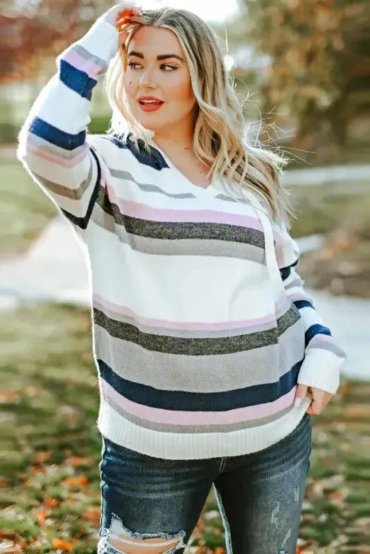 Stripe Plus Size Striped Hooded Knit Sweater - Fashionfitz
