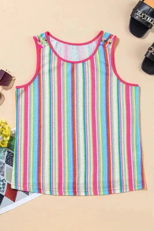 Stripe Rainbow Eyelet Knit Tank Top - Fashionfitz