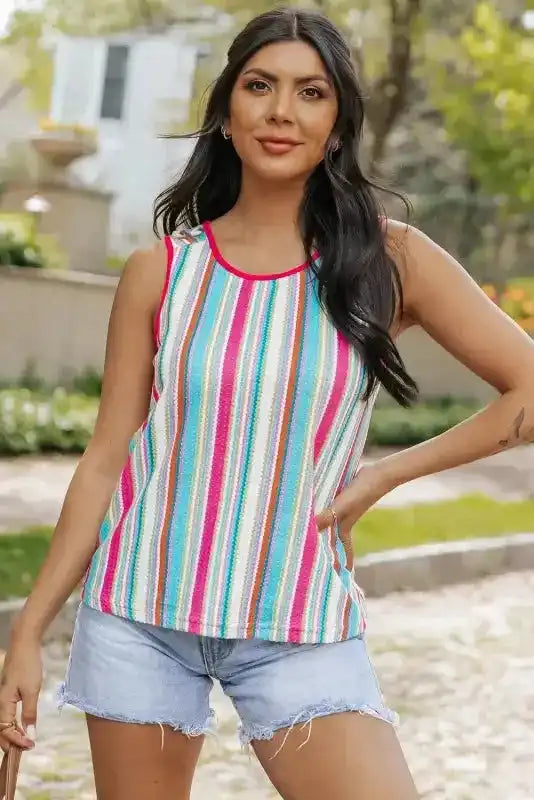 Stripe Rainbow Eyelet Knit Tank Top - Fashionfitz