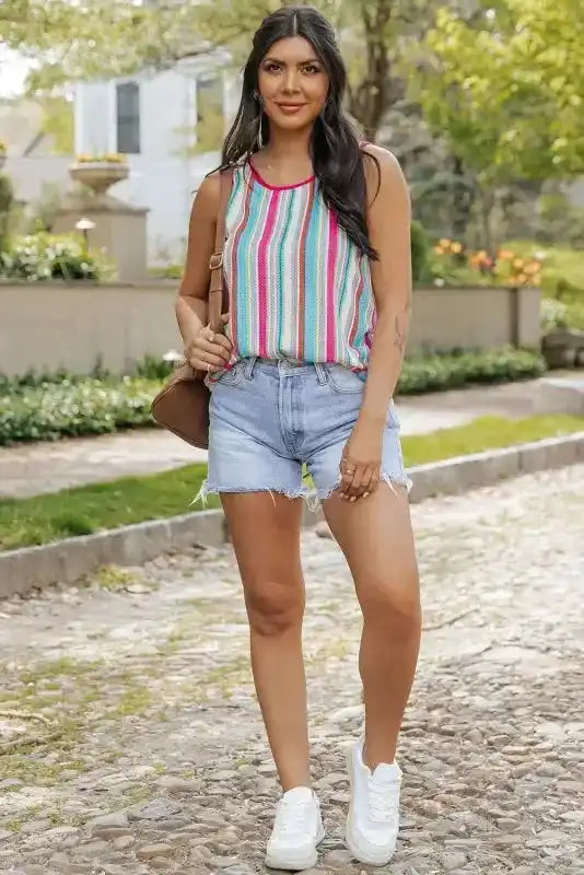 Stripe Rainbow Eyelet Knit Tank Top - Fashionfitz