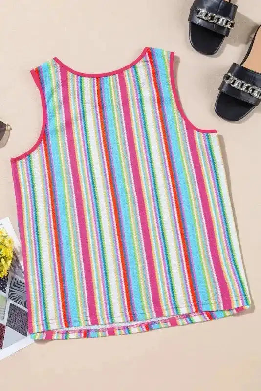Stripe Rainbow Eyelet Knit Tank Top - Fashionfitz