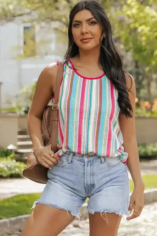 Stripe Rainbow Eyelet Knit Tank Top - Fashionfitz