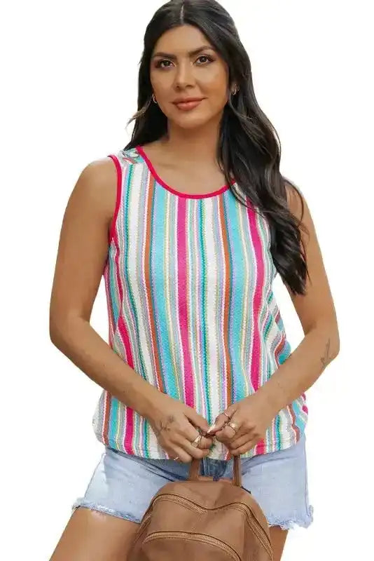 Stripe Rainbow Eyelet Knit Tank Top - Fashionfitz