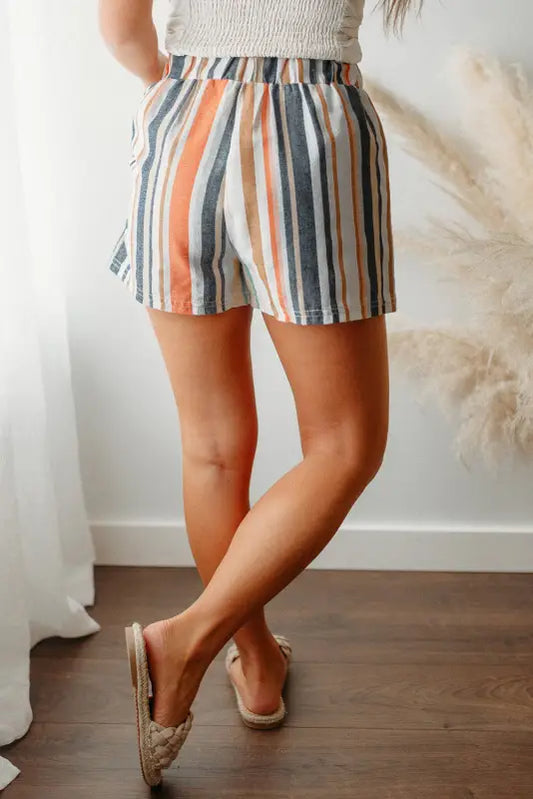 Stripe vintage washed elastic frill waist casual shorts