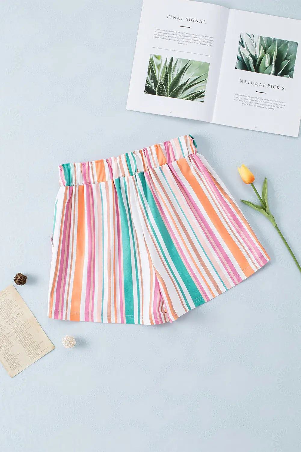 Stripe vintage washed elastic frill waist casual shorts