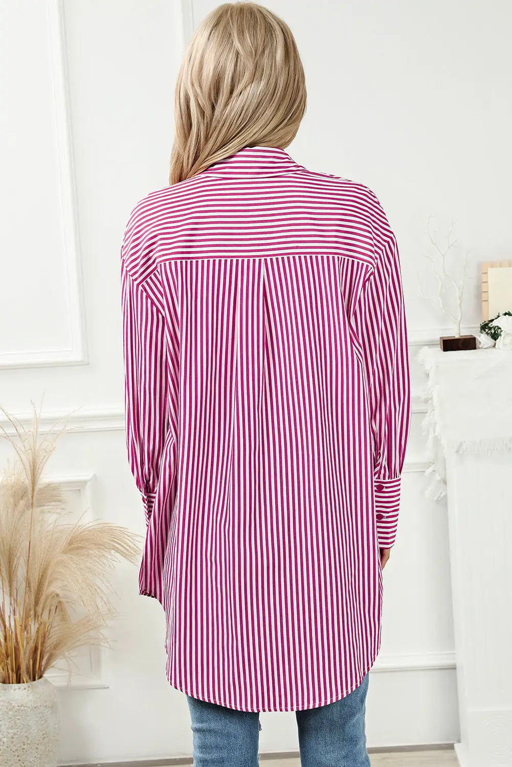 Striped bishop sleeve side slit long tail shirt - blouses & shirts
