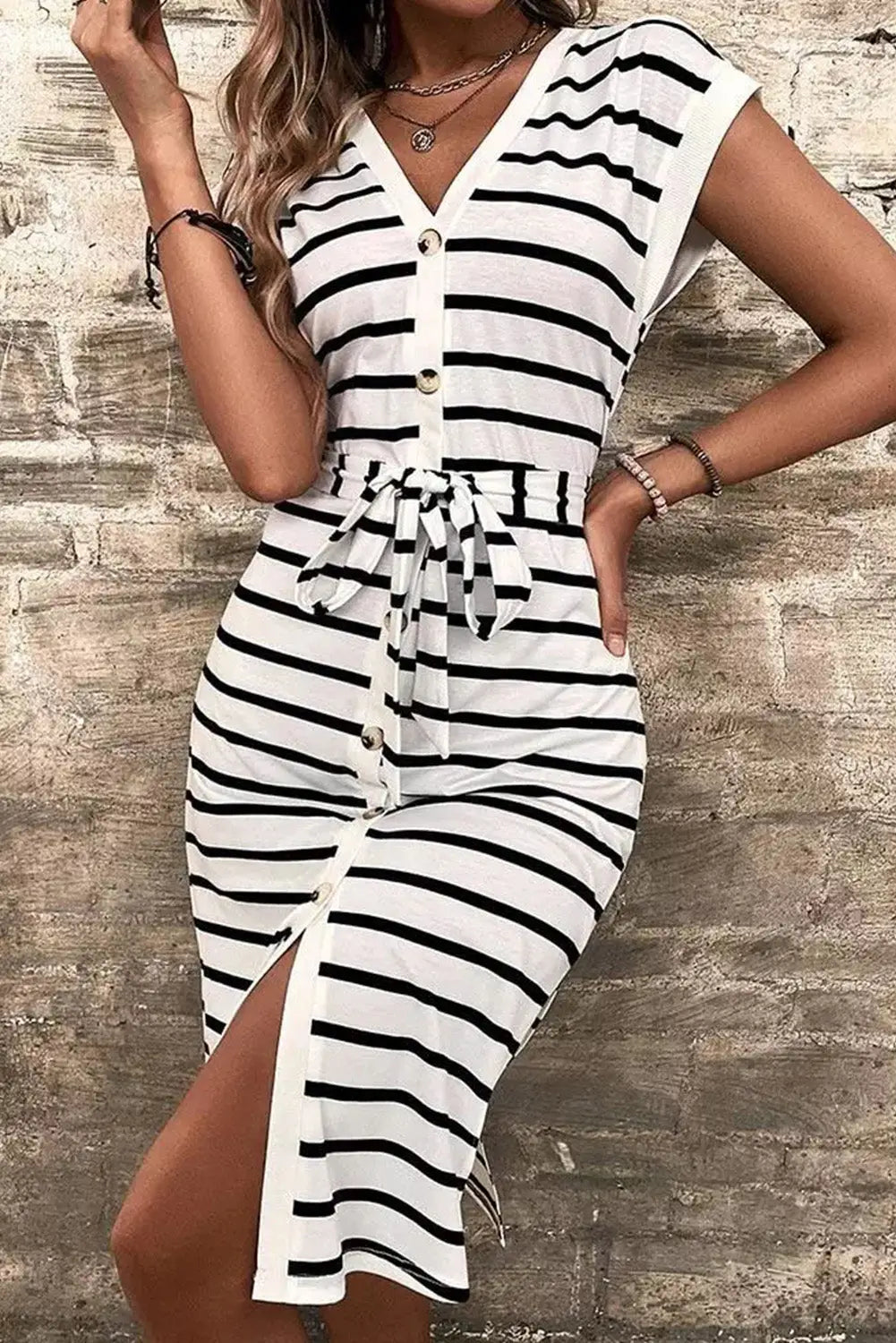 Striped button slit tie v-neck midi dress - stripe / s / 95% polyester + 5% elastane - dresses