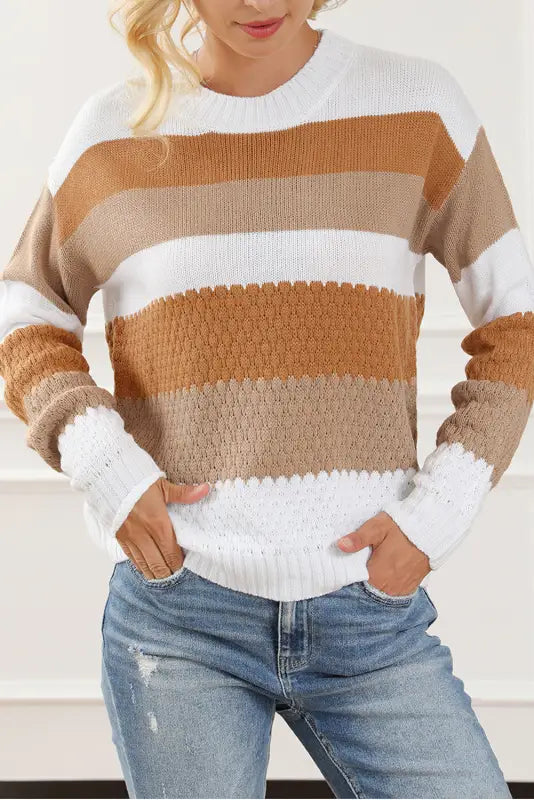 Striped cable knit drop shoulder sweater - chestnut / l / 100% acrylic - sweaters & cardigans