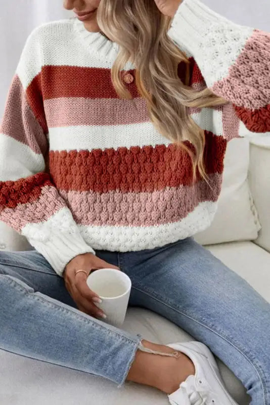 Striped cable knit drop shoulder sweater - red stripe / l / 100% acrylic - sweaters & cardigans