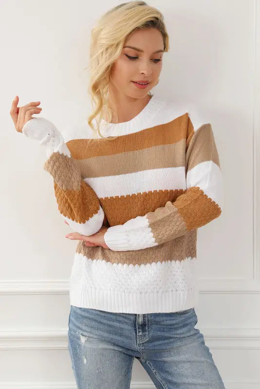 Striped cable knit drop shoulder sweater - sweaters & cardigans