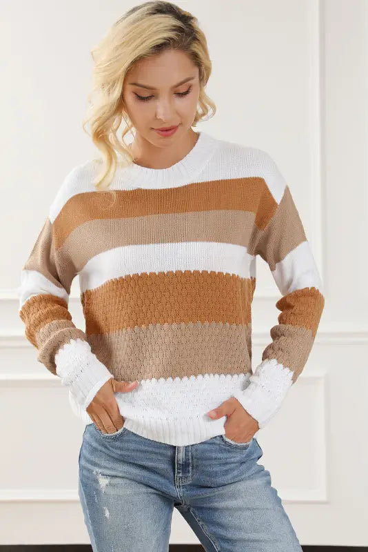 Striped cable knit drop shoulder sweater - sweaters & cardigans