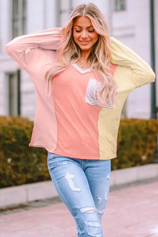 Striped color block splicing long sleeve t shirt - tops