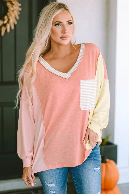 Striped color block splicing long sleeve t shirt - tops