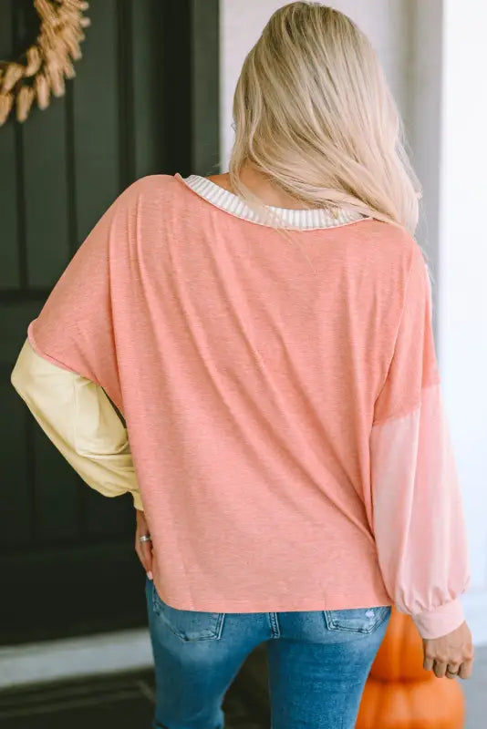 Striped color block splicing long sleeve t shirt - tops