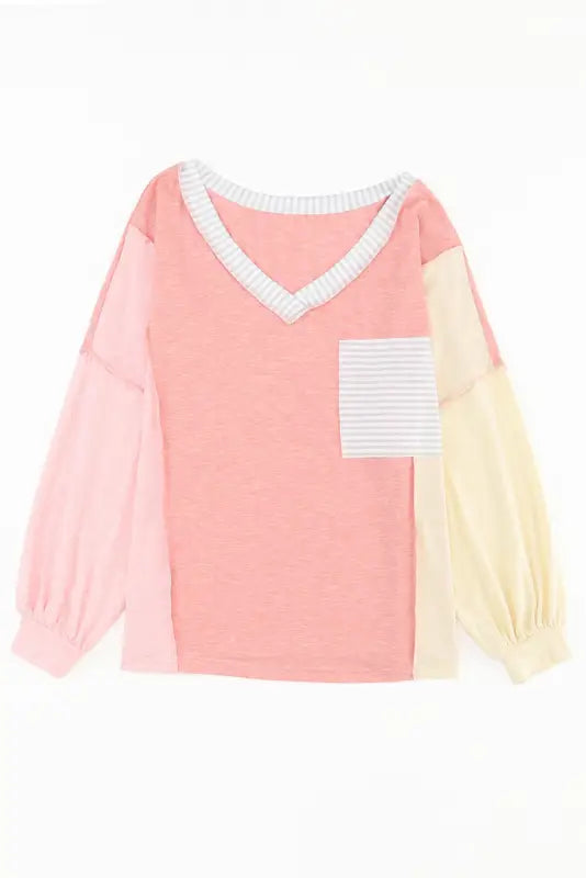 Striped color block splicing long sleeve t shirt - tops