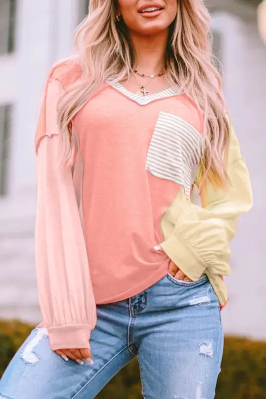 Striped color block splicing long sleeve t shirt - tops