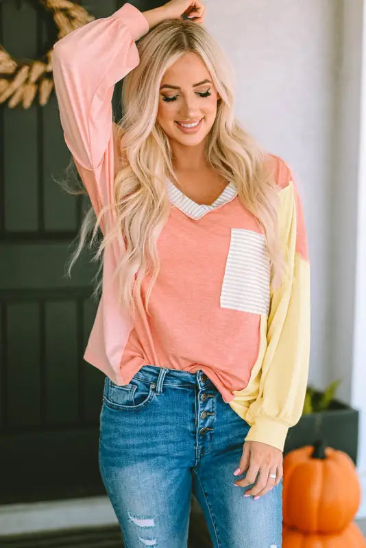 Striped color block splicing long sleeve t shirt - tops