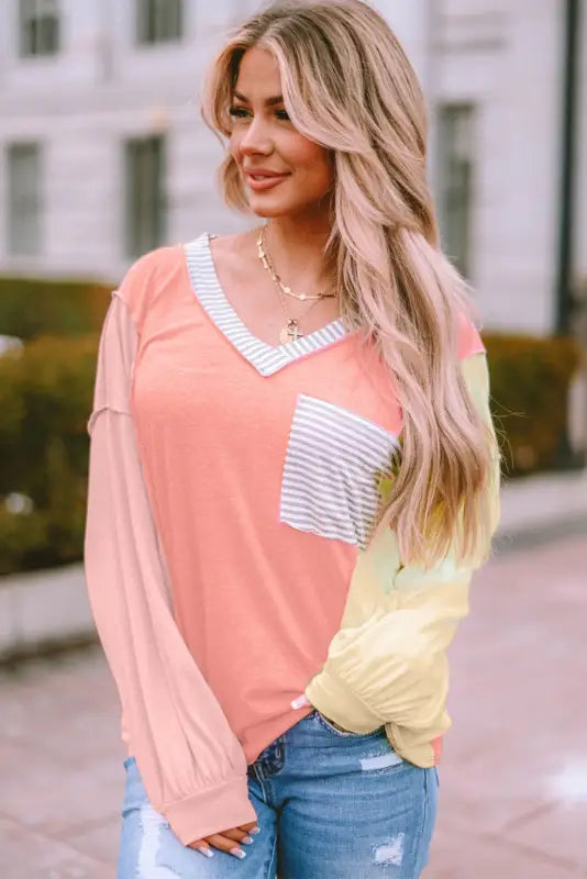 Striped color block splicing long sleeve t shirt - tops