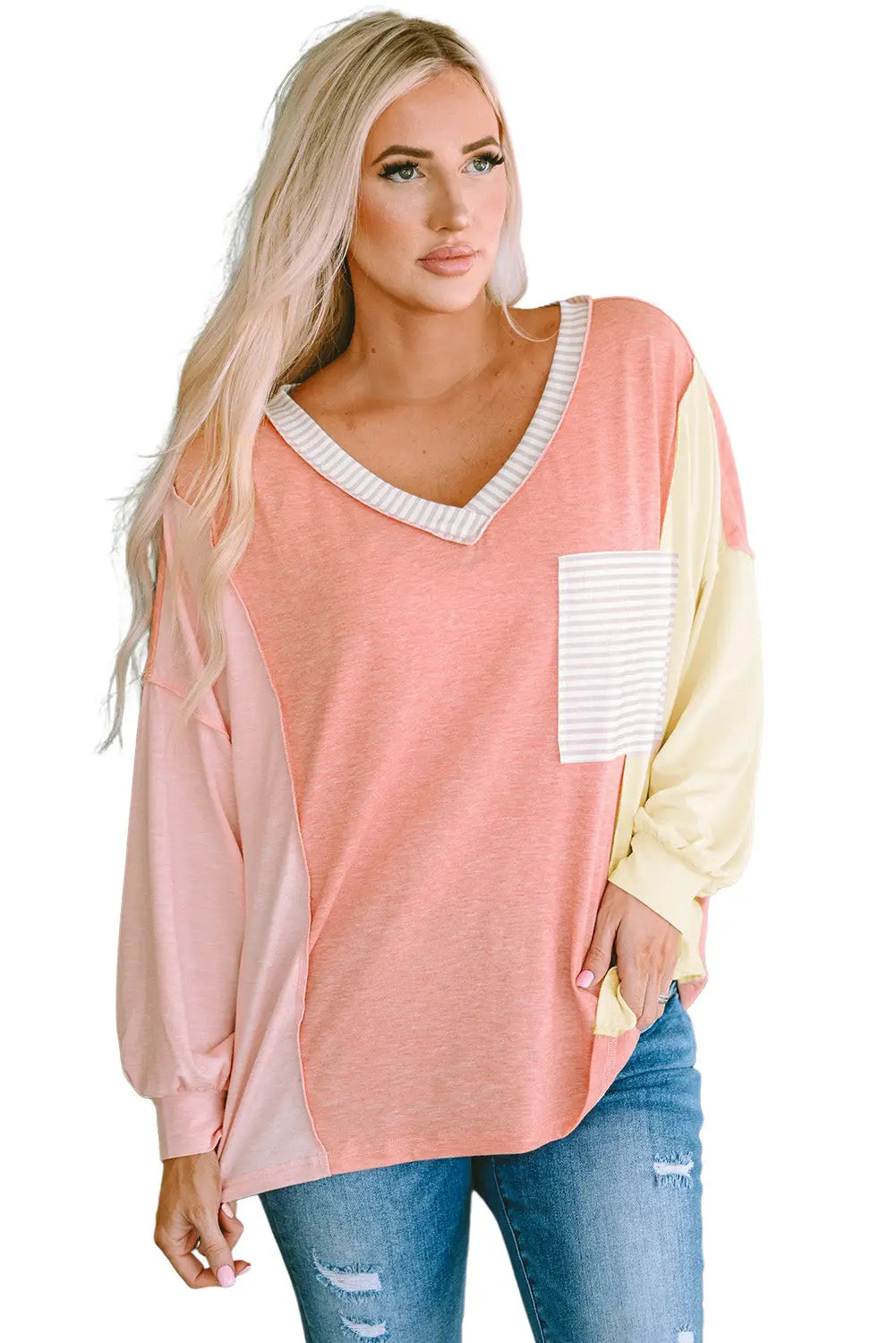 Striped color block splicing long sleeve t shirt - tops