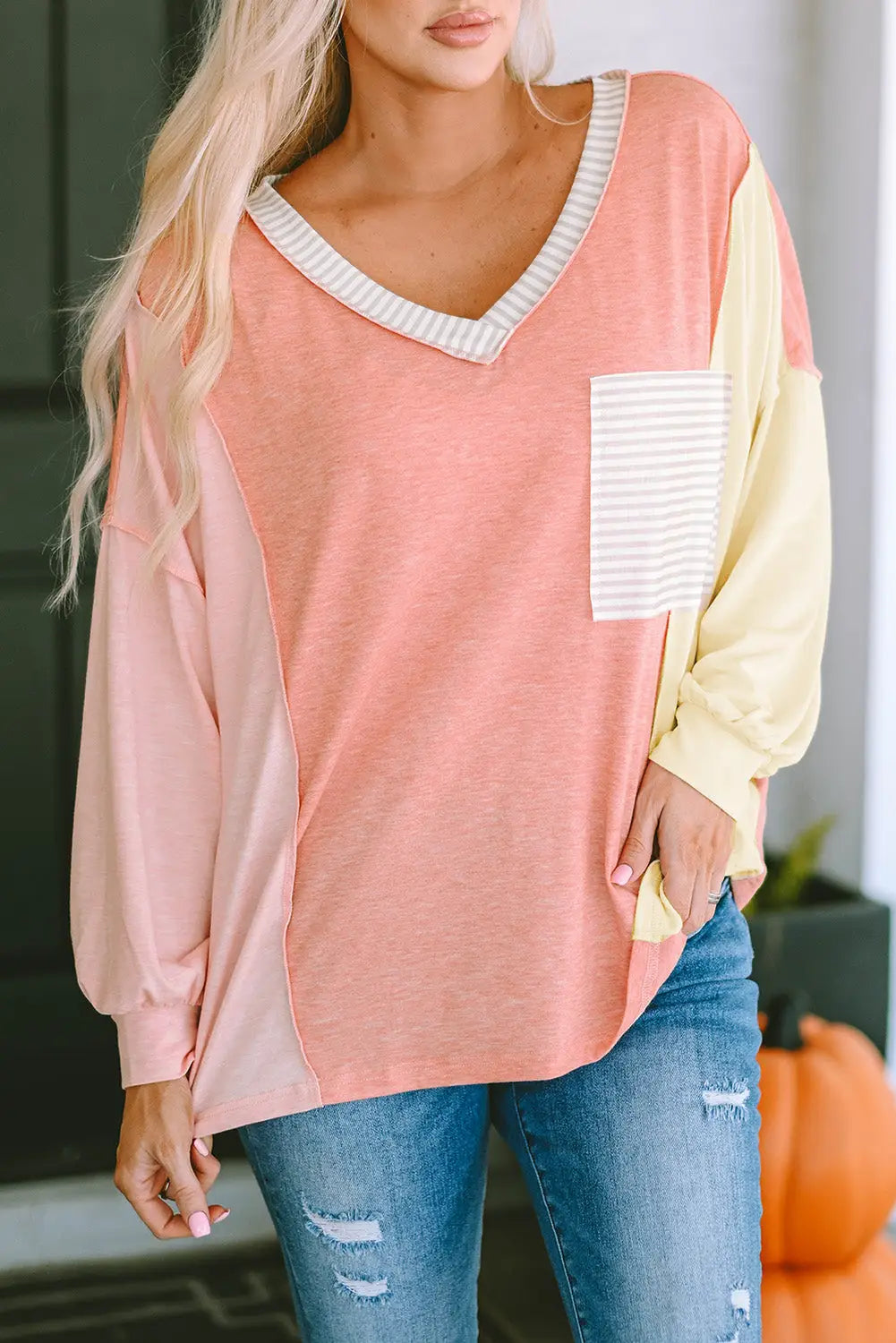 Striped color block splicing long sleeve t shirt - tops