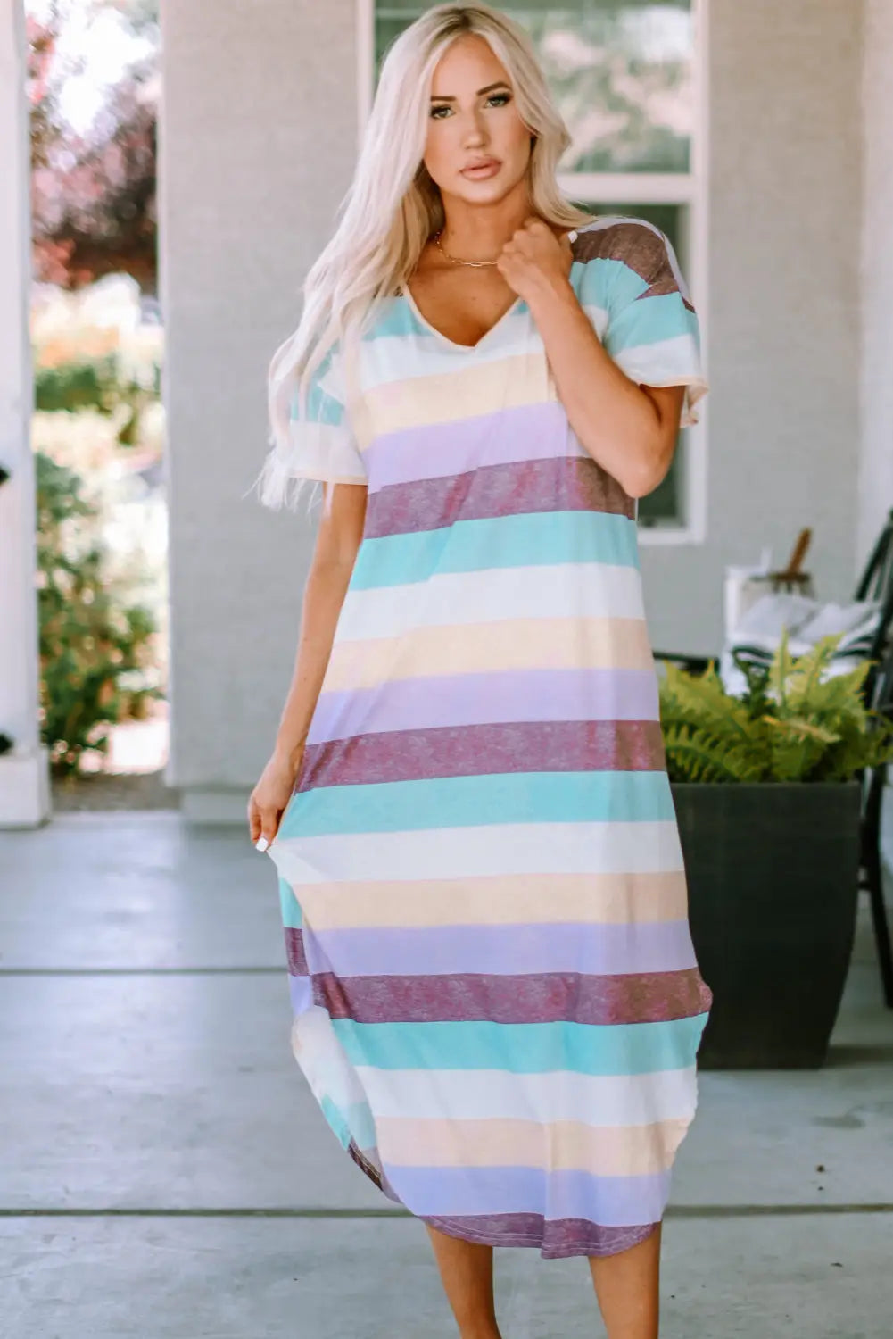 Striped color block v neck t shirt midi dress - stripe / s /